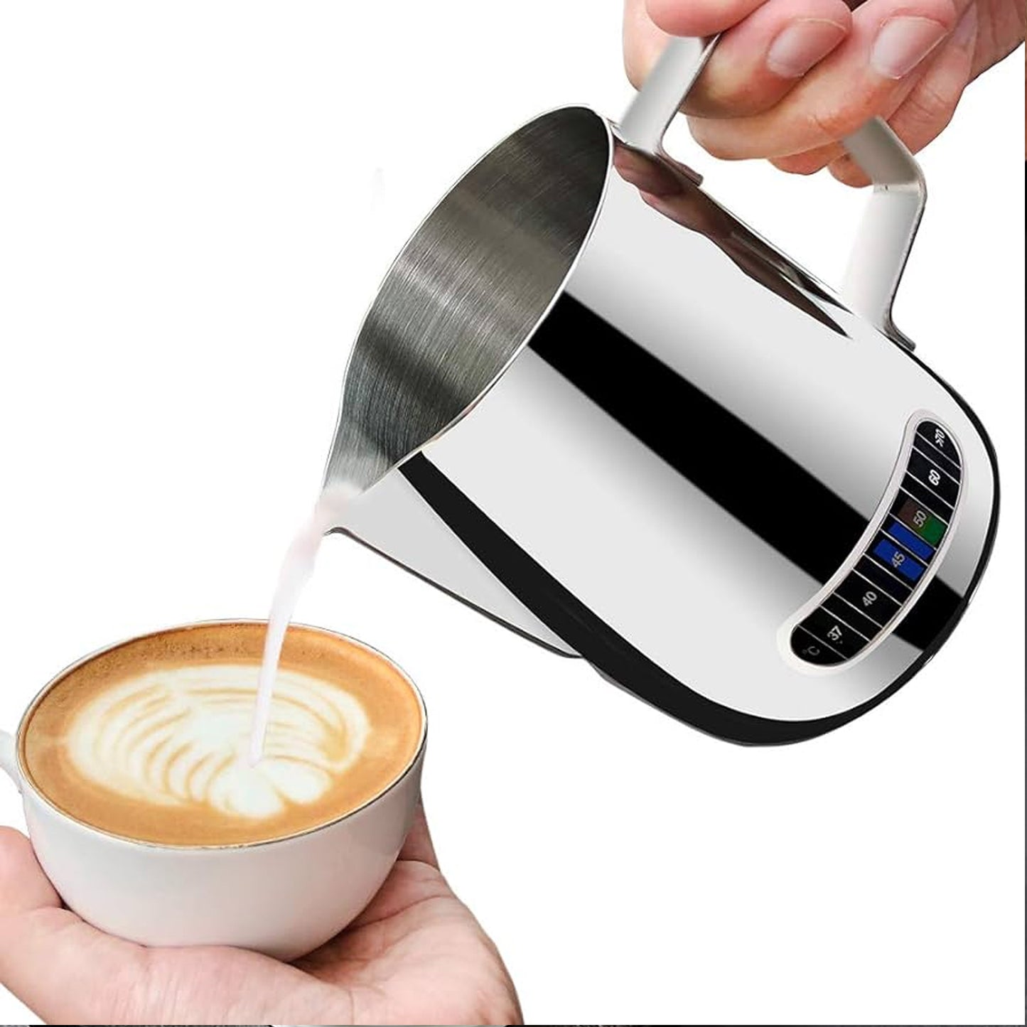 LECHERO DE ACERO INOXIDABLE PARA ARTE LATTE CON TERMÓMETRO 600 ML