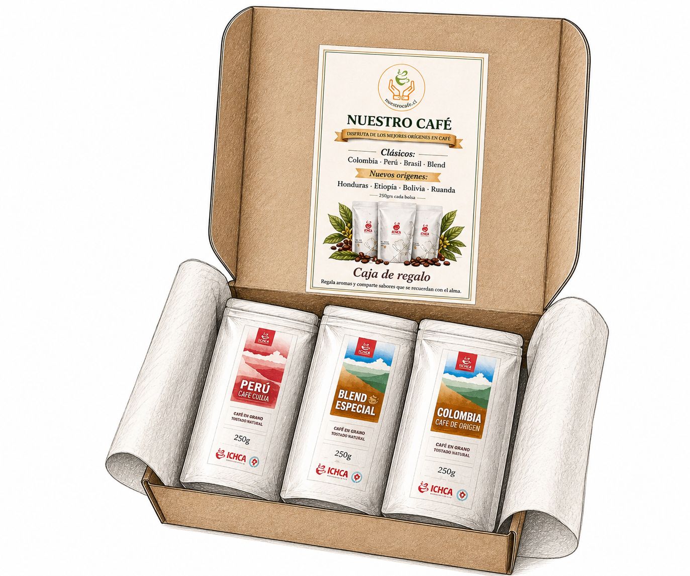 Pack Degustación Café en Grano 3 Orígenes -Peru, Colombia y Blend Premium 250g